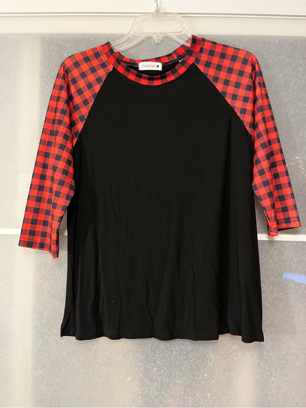 Nuggles 3/4 length sleeves with Red and Black Buffalo Plaid Sleeves